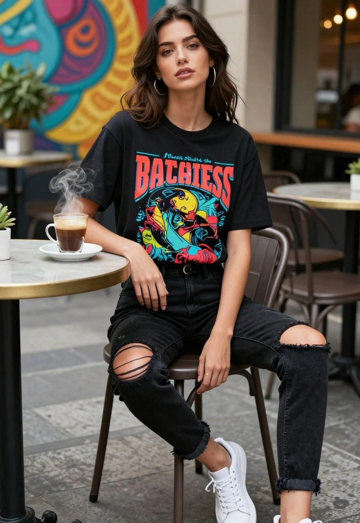 14 Black Ripped Jeans Outfit Ideas For Women - 1. Casual Vibes with a Graphic Tee 1