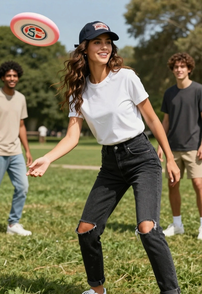 14 Black Ripped Jeans Outfit Ideas For Women - 12. Sporty Look with a Cap 1