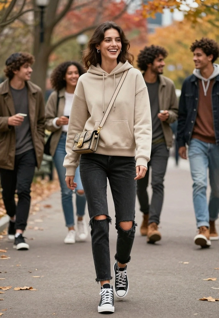 14 Black Ripped Jeans Outfit Ideas For Women - 5. Sporty Chic with a Hoodie 1