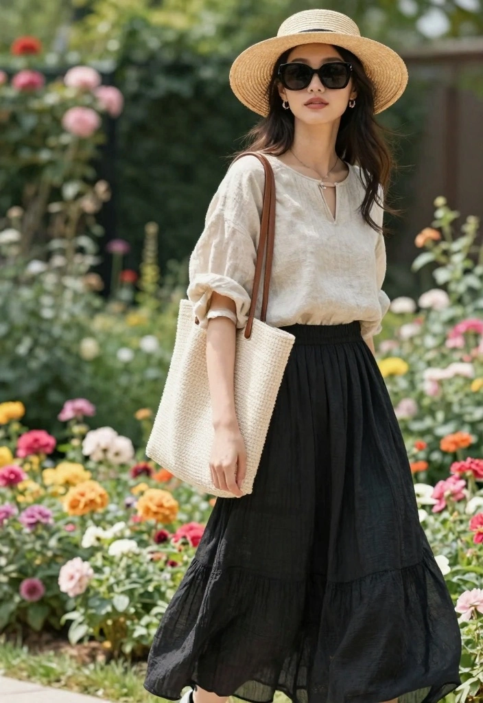 14 Black Summer Skirt Outfit Ideas For Hot Days - 1. Flowy Maxi Black Skirt with a Linen Top 1