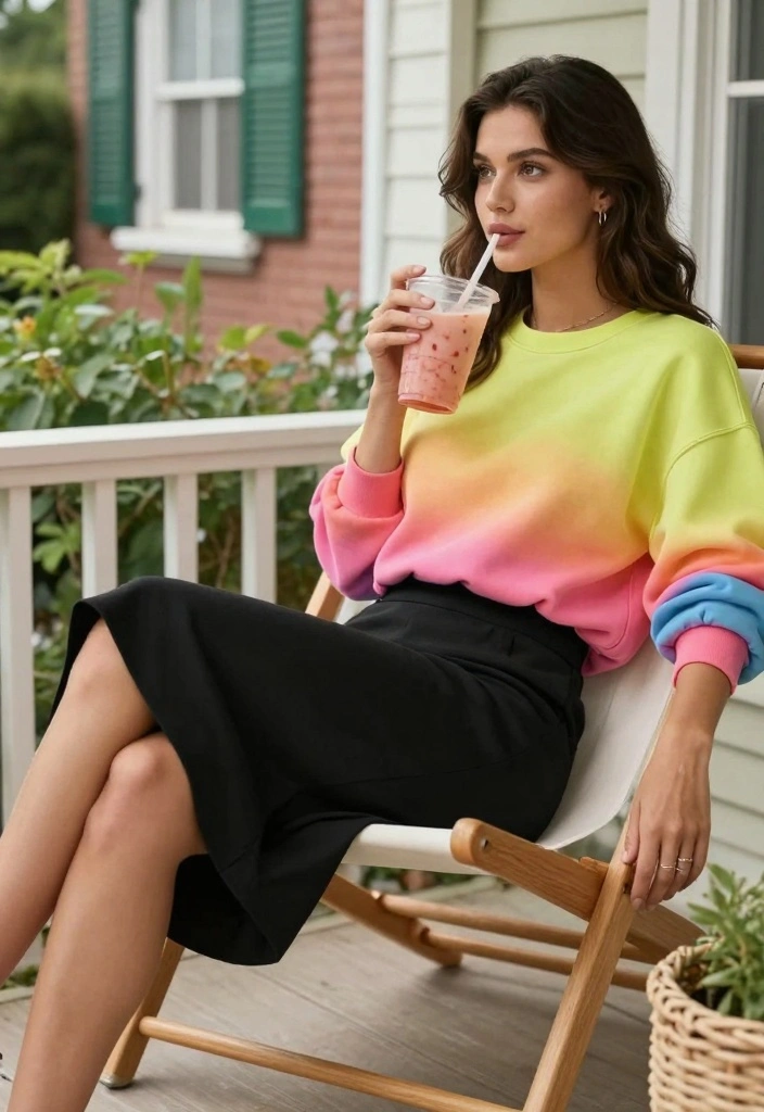14 Black Summer Skirt Outfit Ideas For Hot Days - 13. Black Skirt with a Bright Colored Sweatshirt 1