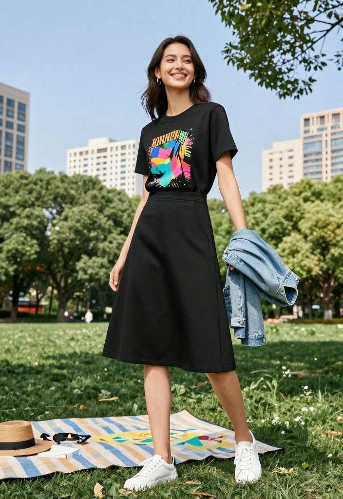 14 Black Summer Skirt Outfit Ideas For Hot Days - 2. A-Line Black Skirt with a Graphic Tee 1