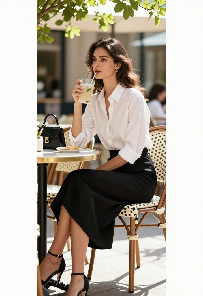 14 Black Summer Skirt Outfit Ideas For Hot Days - 3. Black Midi Skirt with a Button-Up Shirt 1