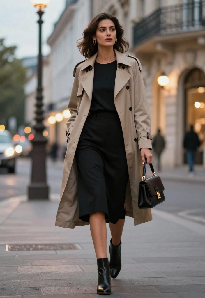 14 Black Summer Skirt Outfit Ideas For Hot Days - 6. Black Skirt with a Lightweight Trench Coat 1