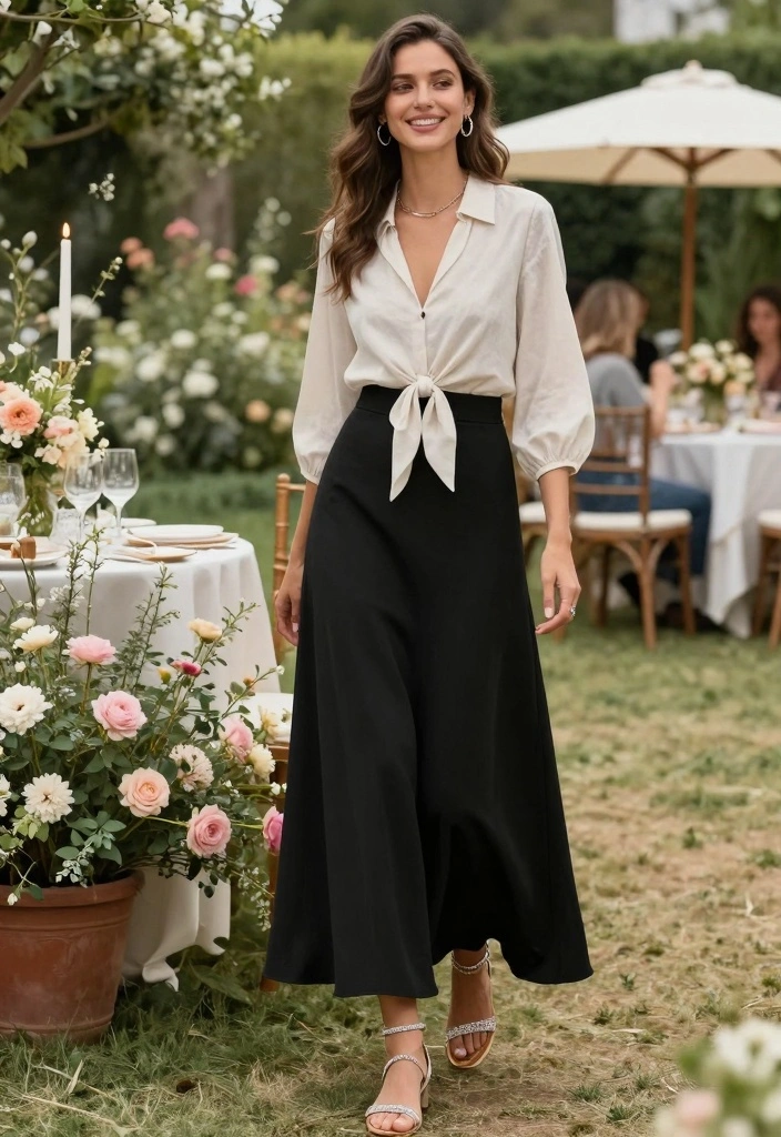 14 Black Summer Skirt Outfit Ideas For Hot Days - 9. Black Maxi Skirt with a Tie-Front Blouse 1