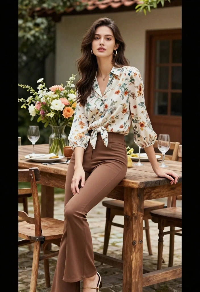 14 Brown Flare Pants Outfit Ideas For Women - 12. Farm-to-Table Brunch 1
