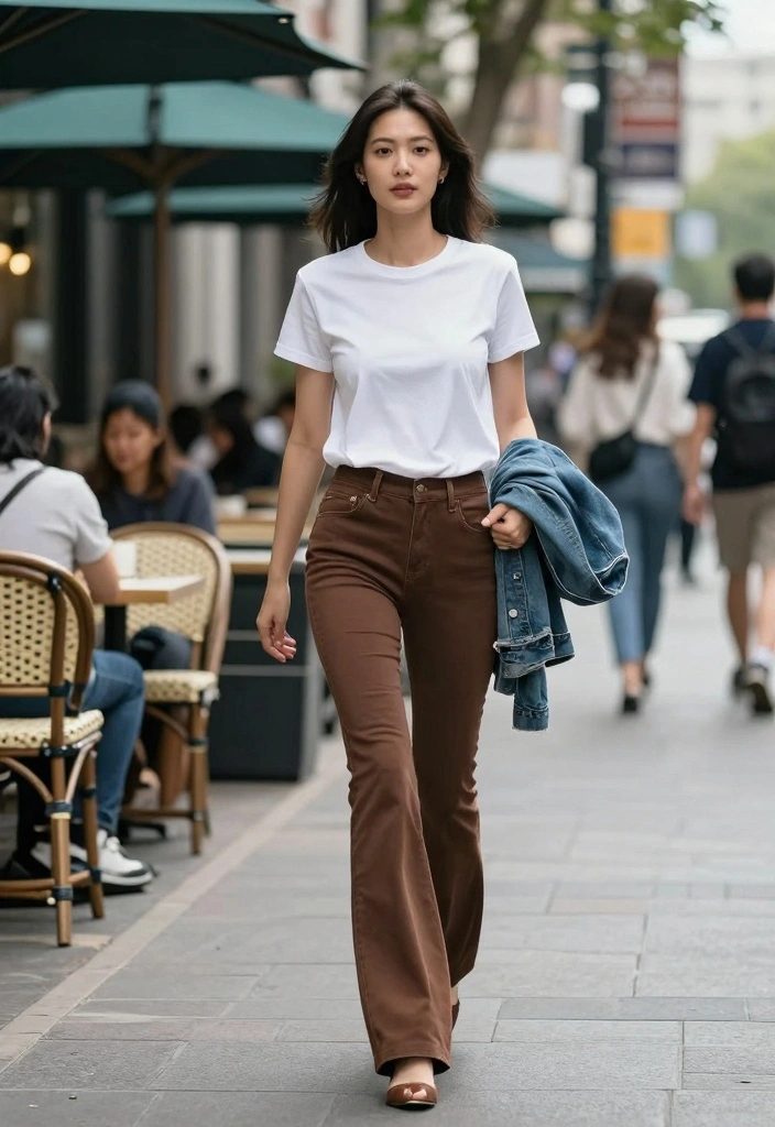 14 Brown Flare Pants Outfit Ideas For Women - 2. Casual Chic with a White Tee 1