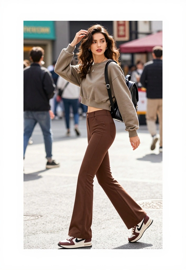 14 Brown Flare Pants Outfit Ideas For Women - 7. Relaxed Athleisure Style 1