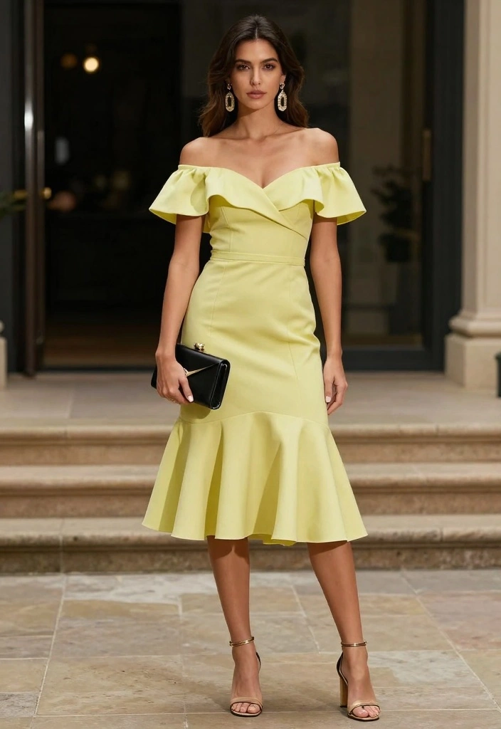 14 Classy Flare Dress Outfit Ideas For Special Events - 6. Chic Off-Shoulder Flare Dress 1