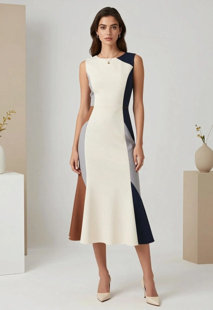 14 Classy Flare Dress Outfit Ideas For Special Events - 8. Sophisticated Color Block Flare Dress 1