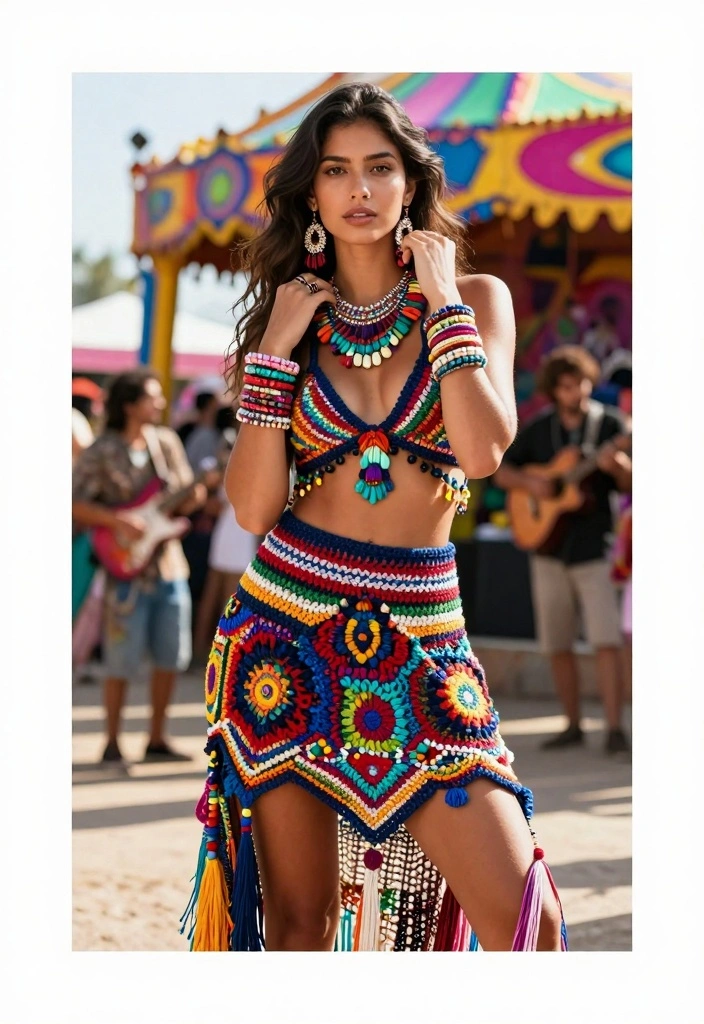 14 Crochet Skirt Outfit Ideas For A Boho Look - 14. Crochet Skirt and Colorful Accessories 1