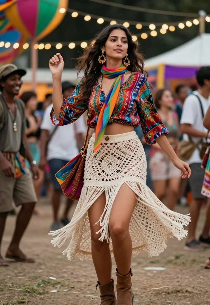 14 Crochet Skirt Outfit Ideas For A Boho Look - 2. Colorful Bohemian Layers 1