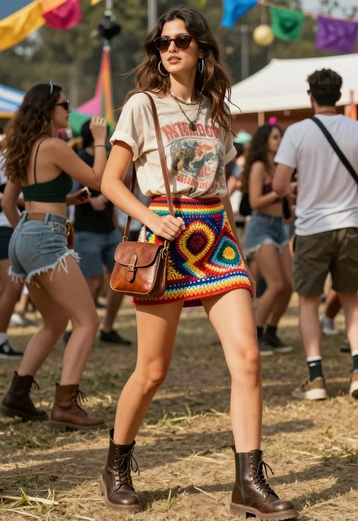 14 Crochet Skirt Outfit Ideas For A Boho Look - 5. Crochet Skirt with a Band Tee 1