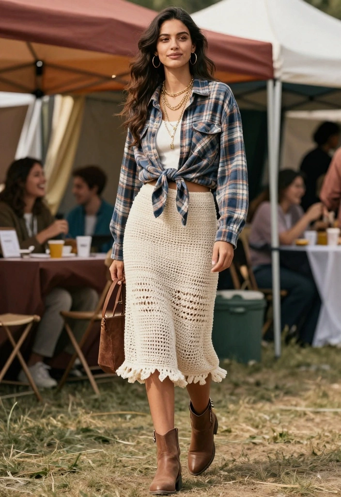 14 Crochet Skirt Outfit Ideas For A Boho Look - 9. Crochet and Flannel Combo 1