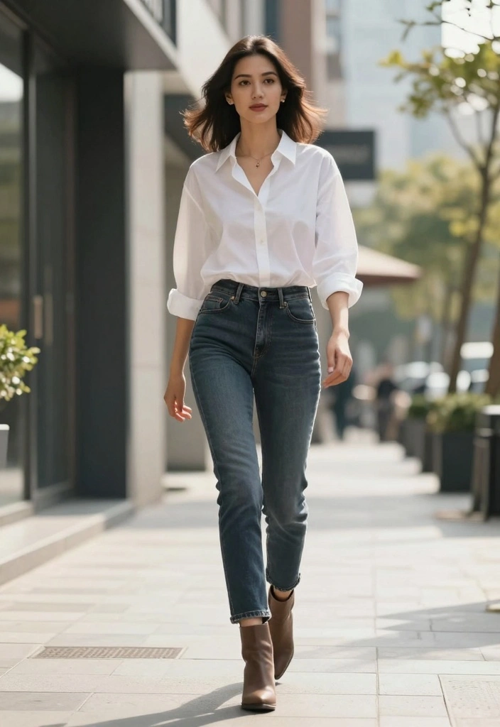14 Elegant Jeans Outfit Ideas for Women - 1. Classic White Shirt & Dark Wash Jeans 1