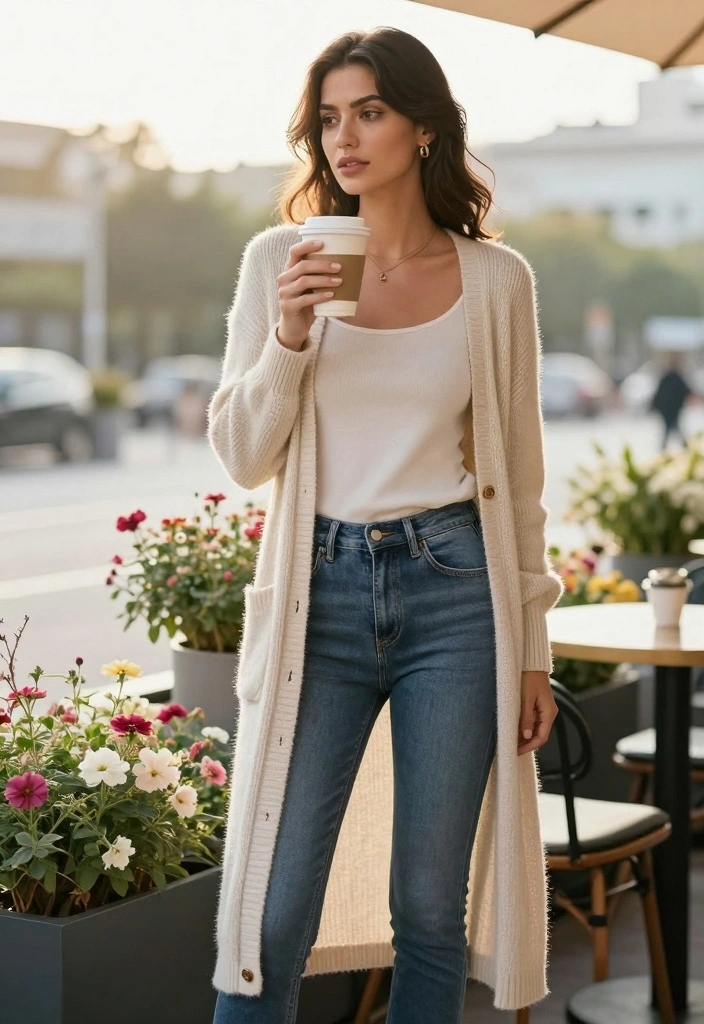 14 Elegant Jeans Outfit Ideas for Women - 8. Layered Look with a Long Cardigan 1