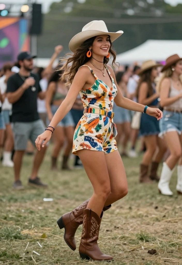 14 Jason Aldean Concert Outfit Ideas For Women - 13. Short Jumpsuit with Cowboy Boots 1