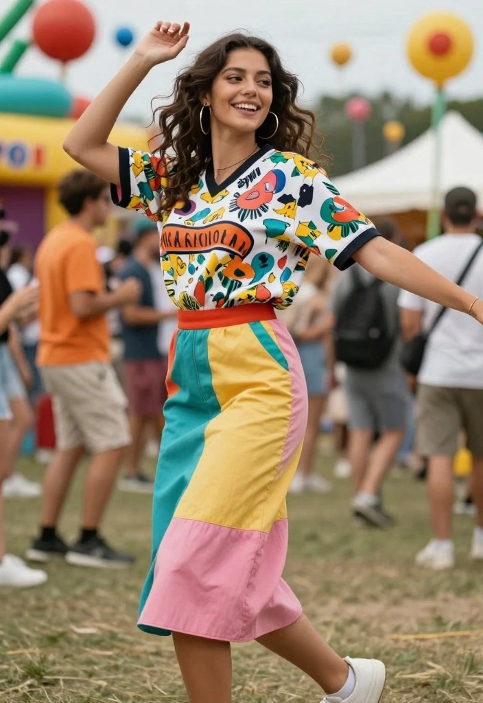 14 Jersey And Skirt Outfit Ideas With Sporty Chic - 13. Fun Print Jersey with Color-Block Skirt 1