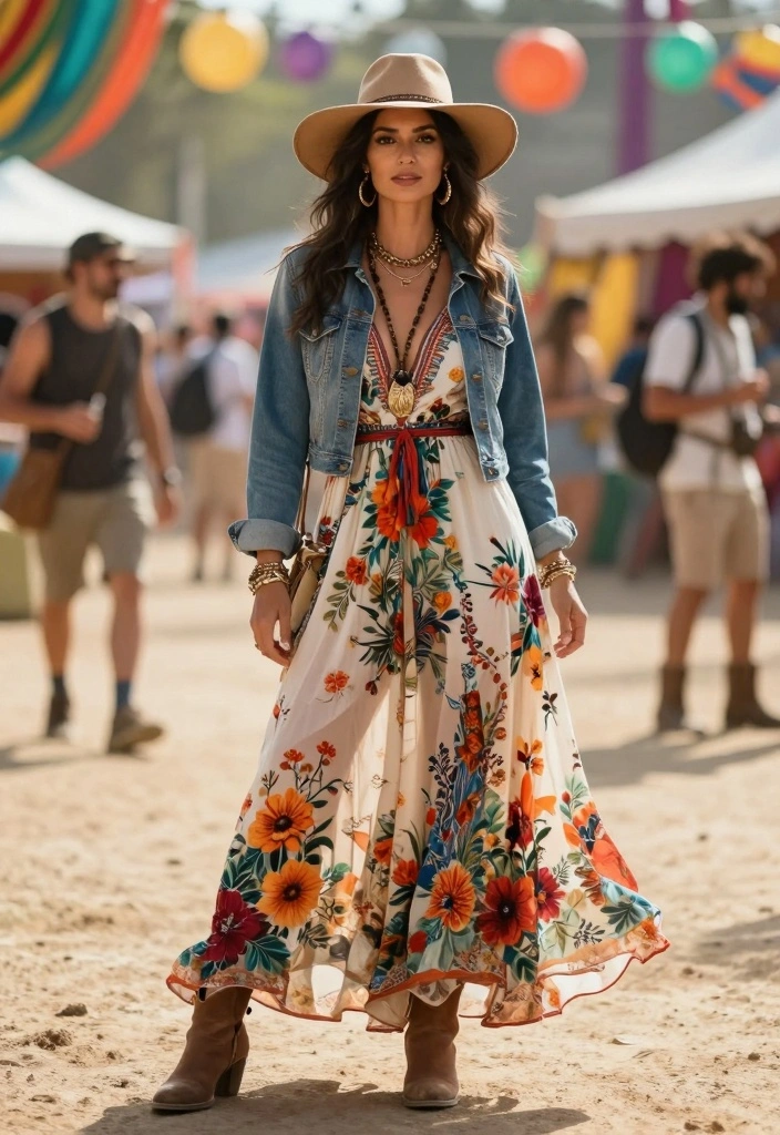 14 Layered Dress Outfit Ideas With Dimension - 1. Boho Maxi with Denim Jacket 1