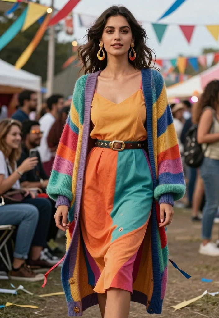 14 Layered Dress Outfit Ideas With Dimension - 2. Layered Midi with Colorful Cardigan 1