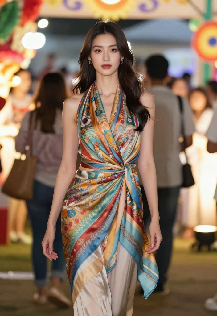 14 Layered Dress Outfit Ideas With Dimension - 9. Wrap Dress with a Patterned Scarf 1