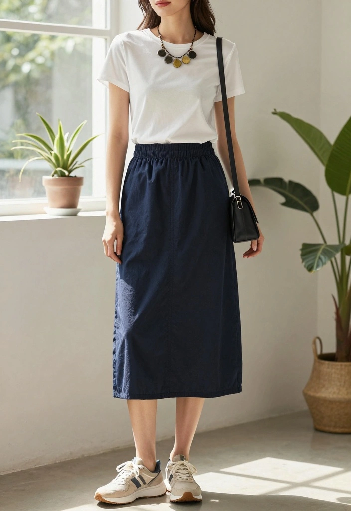14 Navy Skirt Outfit Ideas With Clean Elegance - 1. The Classic White Tee Twist 1