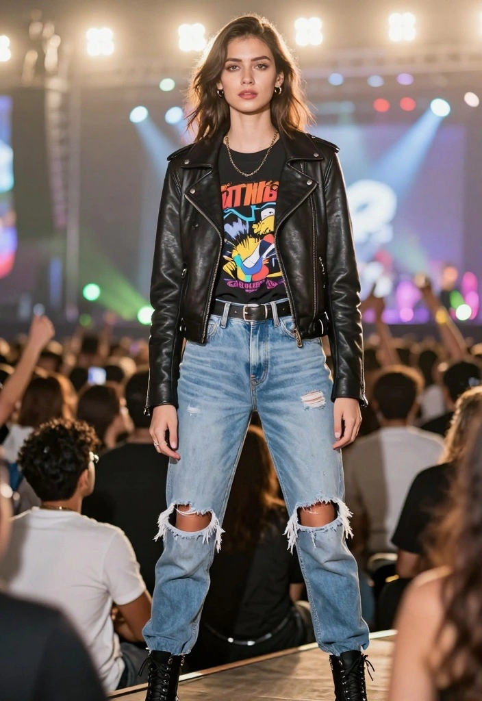 14 Pitbull Concert Outfit Ideas For Women - 3. Graphic Tee & Leather Jacket 1