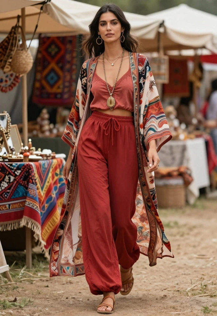 14 Red Track Pants Outfit Ideas For Women - 11. Boho Vibes with a Flowy Kimono 1