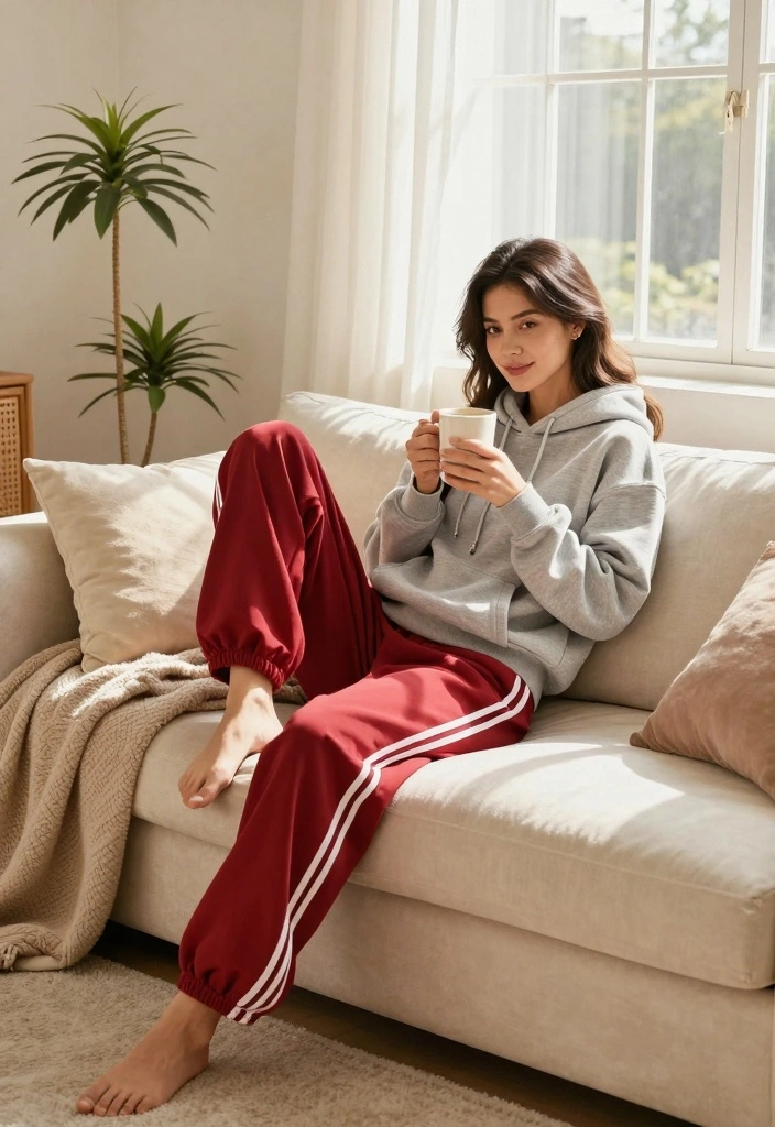 14 Red Track Pants Outfit Ideas For Women - 2. Cozy Layering with a Hoodie 1