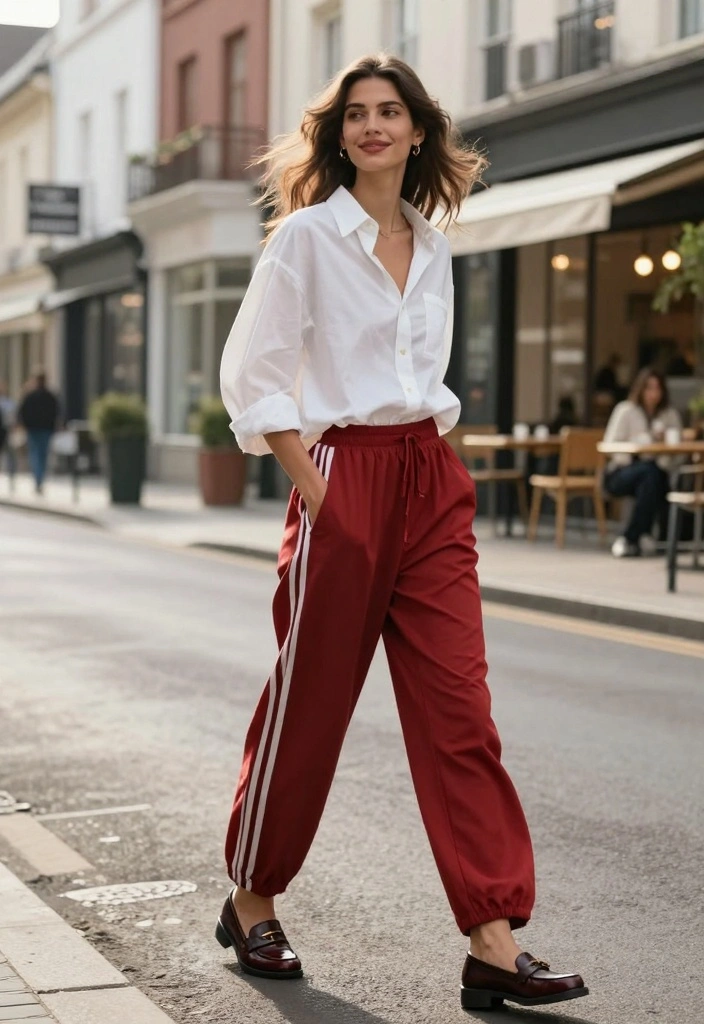 14 Red Track Pants Outfit Ideas For Women - 5. Effortless Style with a White Button-Up 1