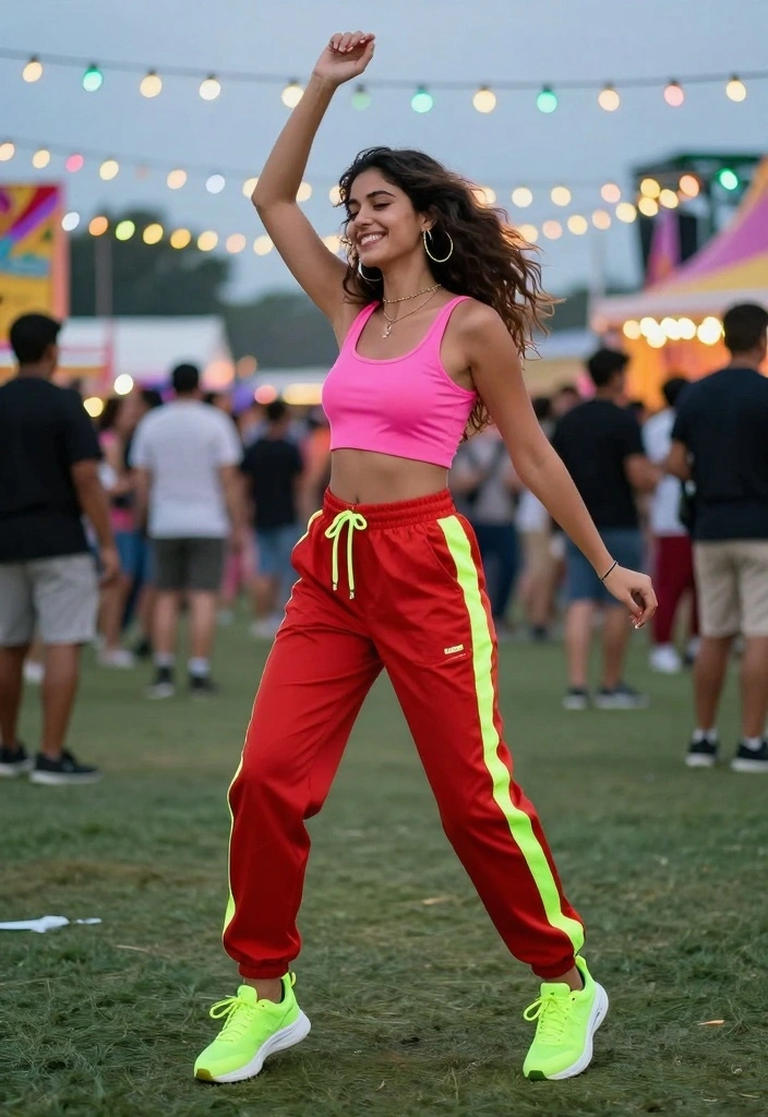14 Red Track Pants Outfit Ideas For Women - 8. Bright and Bold with Neon Accents 1