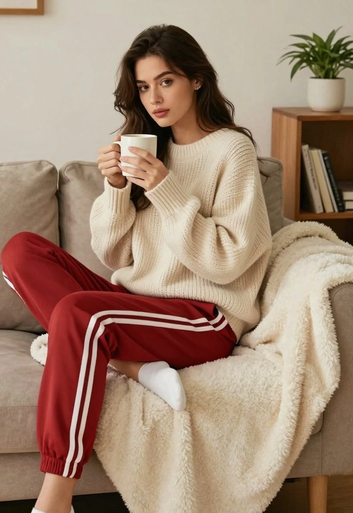 14 Red Track Pants Outfit Ideas For Women - 9. Relaxed Weekend Look with a Sweater 1