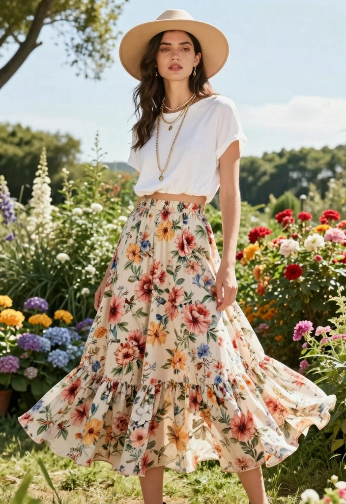 14 Ruffle Skirt Outfit Ideas With Feminine Flow - 1. Bohemian Floral Ruffle Skirt 1