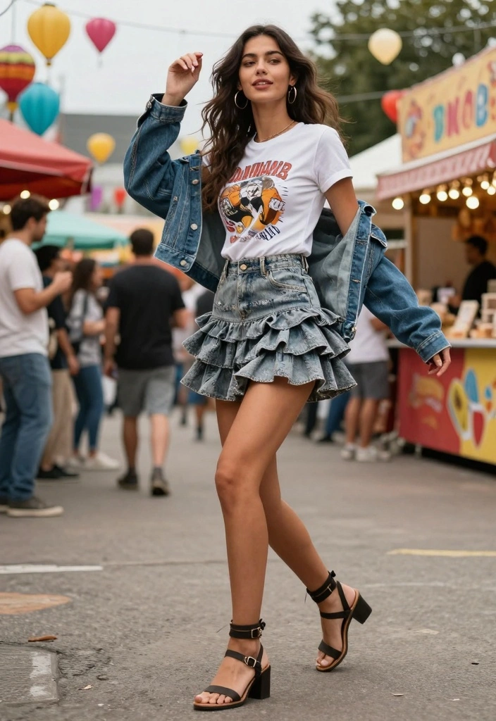 14 Ruffle Skirt Outfit Ideas With Feminine Flow - 11. Ruffle Skirt with a Graphic Tee 1