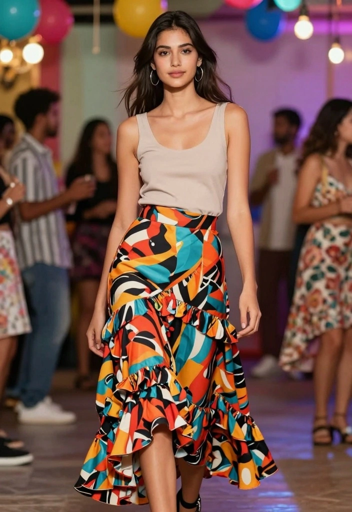 14 Ruffle Skirt Outfit Ideas With Feminine Flow - 13. Ruffle Skirt in Bold Prints 1