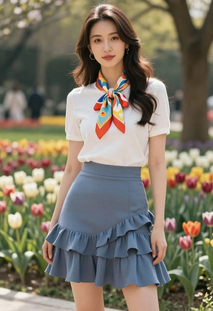 14 Ruffle Skirt Outfit Ideas With Feminine Flow - 8. Chic Ruffle Skirt with a Scarf 1