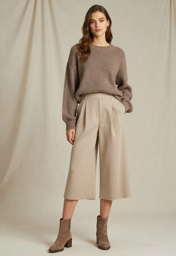 14 Sustainable Birthday Party Outfit Ideas For Women - 12. Stylish Culottes and Oversized Sweater 1