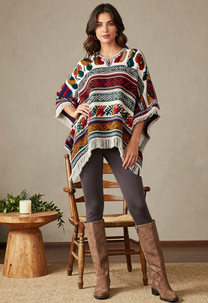 14 Sustainable Birthday Party Outfit Ideas For Women - 9. Handwoven Poncho and Leggings 1