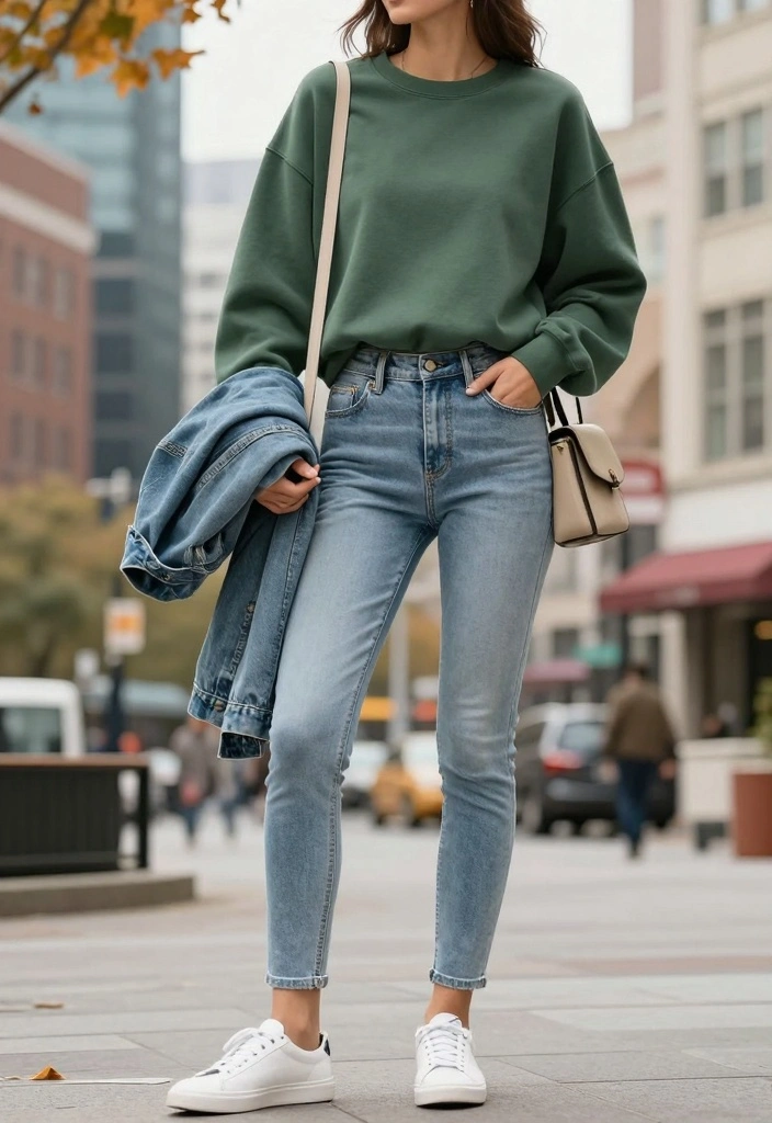 14 Sustainable Sweatshirt And Jeans Outfit Ideas For Women - 1. Soft Oversized Sweatshirt with High-Waisted Skinny Jeans 1