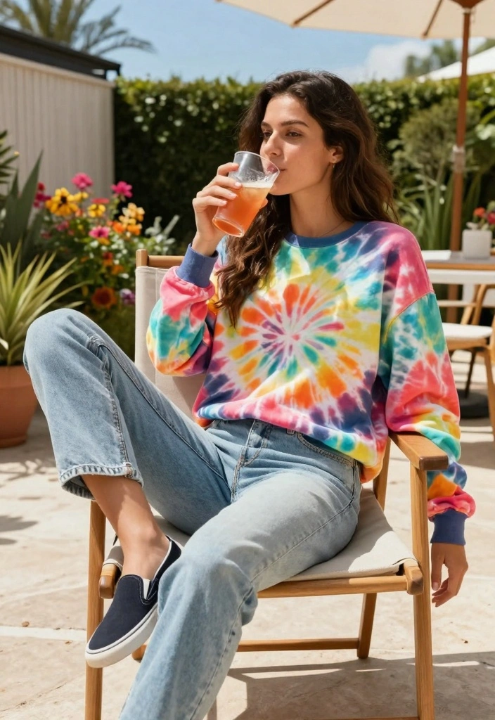14 Sustainable Sweatshirt And Jeans Outfit Ideas For Women - 10. Tie-Dye Sweatshirt with Light Wash Jeans 1