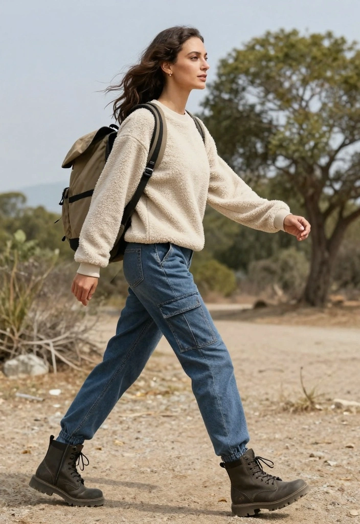 14 Sustainable Sweatshirt And Jeans Outfit Ideas For Women - 11. Fleece-Lined Sweatshirt with Cargo Jeans 1