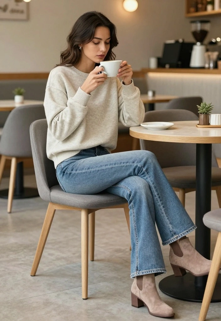 14 Sustainable Sweatshirt And Jeans Outfit Ideas For Women - 13. Sweater-Sleeved Sweatshirt with Bell-Bottom Jeans 1