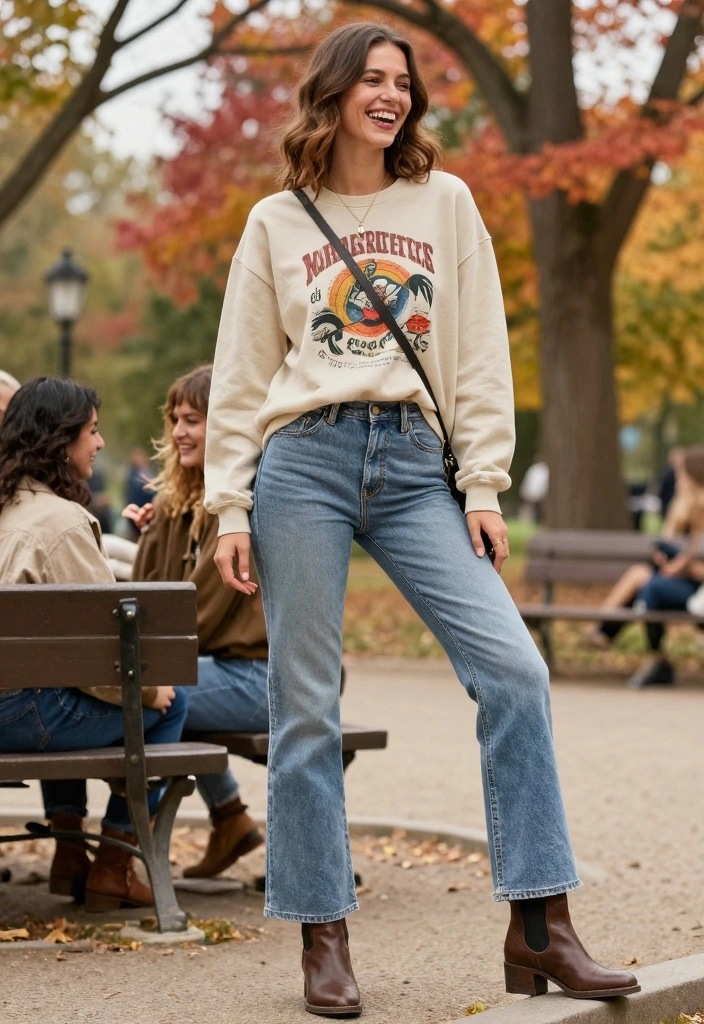 14 Sustainable Sweatshirt And Jeans Outfit Ideas For Women - 3. Printed Sweatshirt with Flared Jeans 1