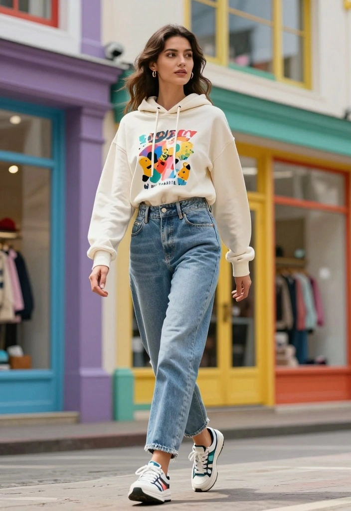 14 Sustainable Sweatshirt And Jeans Outfit Ideas For Women - 7. Graphic Hoodie with Paperbag Waist Jeans 1