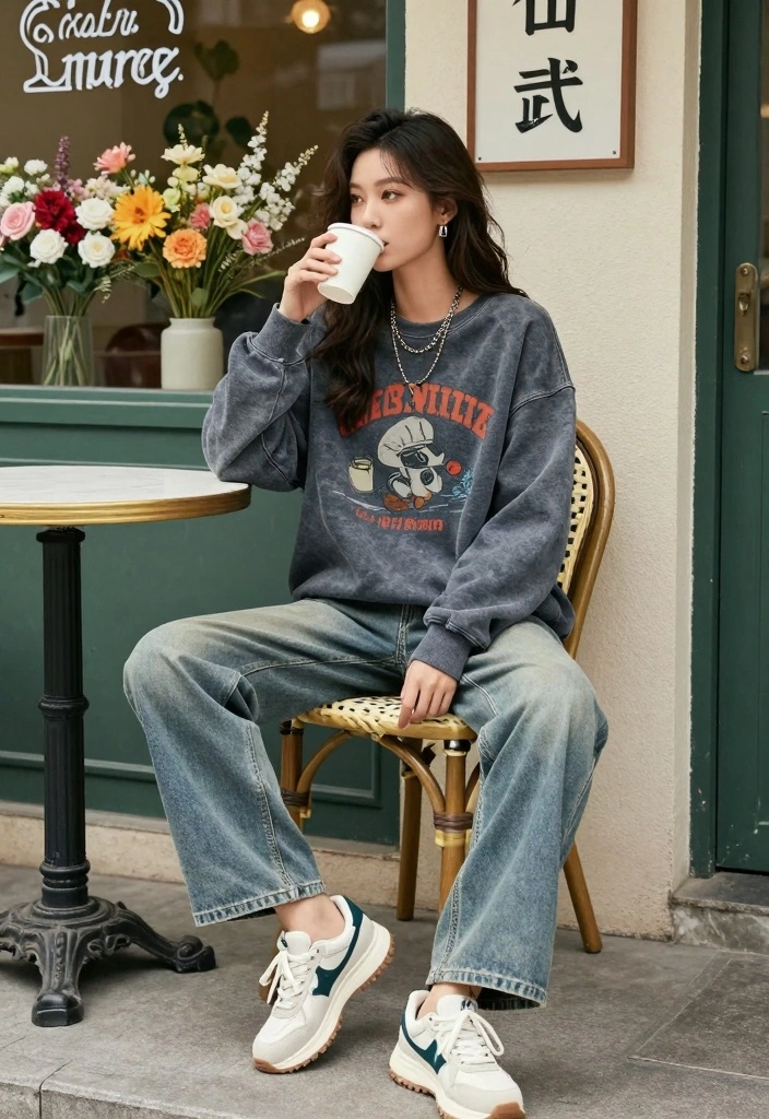 14 Sustainable Sweatshirt And Jeans Outfit Ideas For Women - 8. Vintage-Inspired Sweatshirt with Relaxed Fit Jeans 1