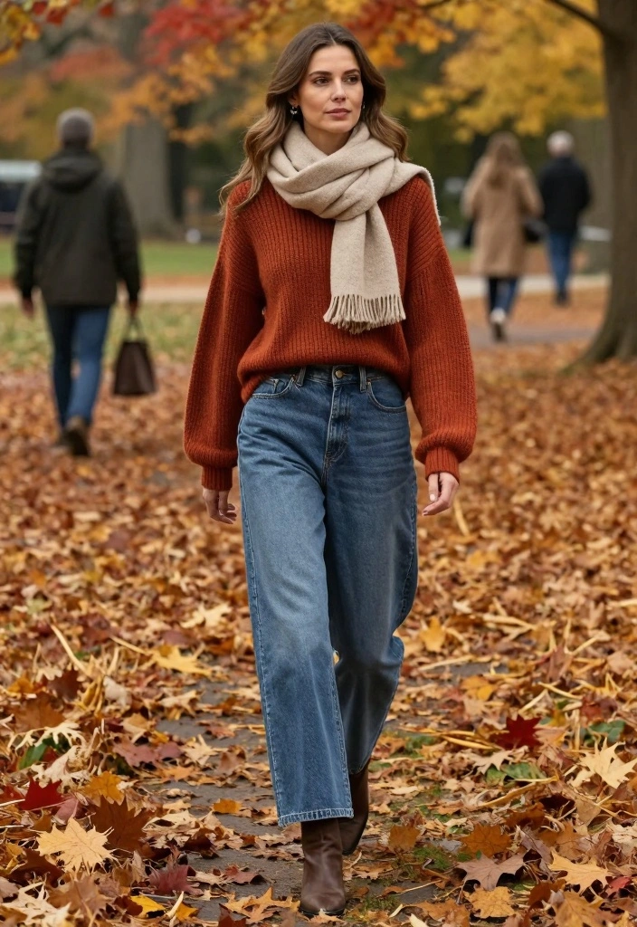 14 Sustainable Sweatshirt And Jeans Outfit Ideas For Women - 9. Chunky Knit Sweatshirt with Wide-Leg Jeans 1
