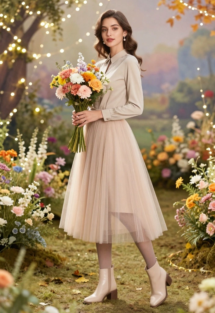 14 Tights And Skirt Outfit Ideas For Cooler Days - 10. Tulle Skirt with Tights and a Fitted Shirt 1