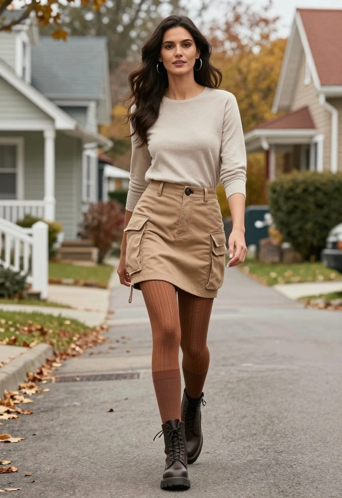 14 Tights And Skirt Outfit Ideas For Cooler Days - 13. Utility Skirt with Warm Layered Tights 1