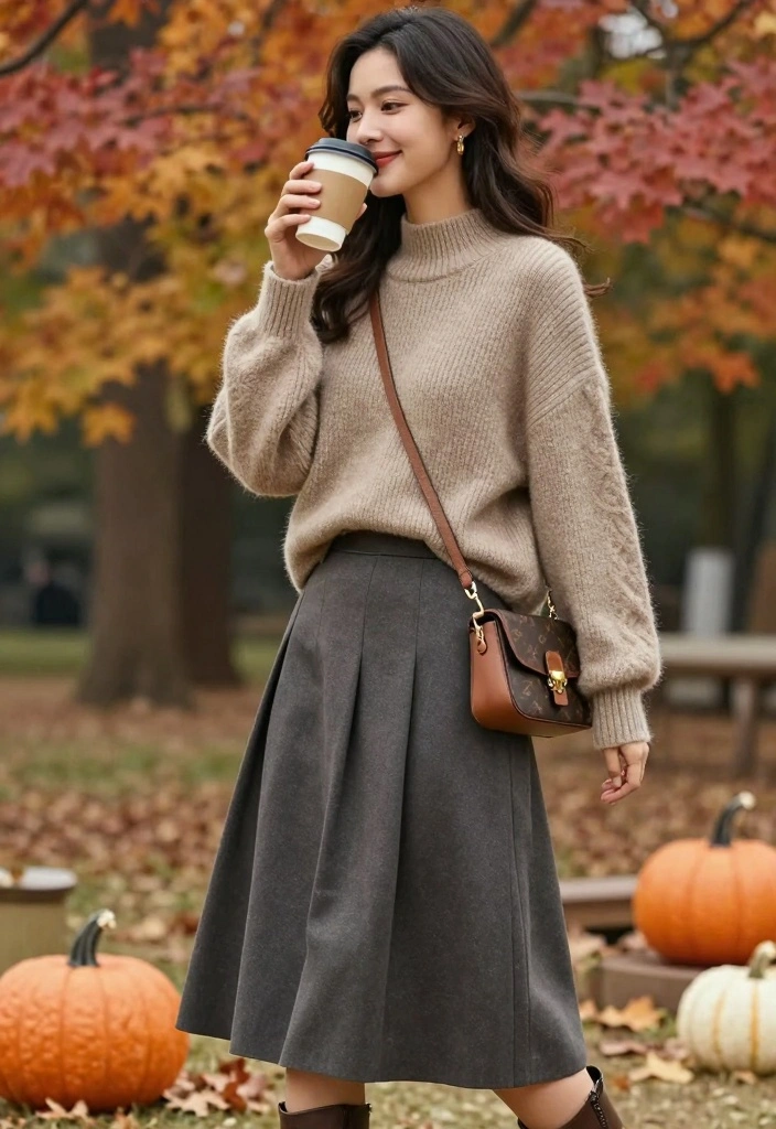 14 Tights And Skirt Outfit Ideas For Cooler Days - 3. A-Line Skirt with a Cozy Oversized Sweater 1