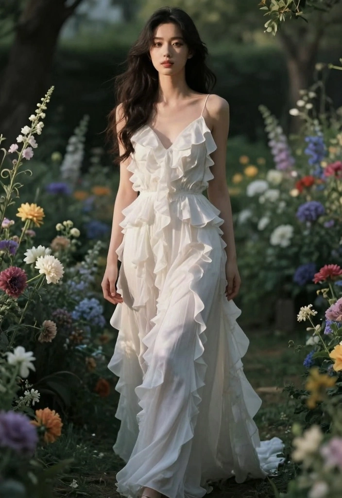 14 White Long Dress Outfit Ideas With Soft Elegance - 12. Ruffled and Romantic 1